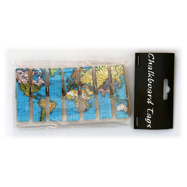 Weekly and World Map Wooden Clips, Pack 7